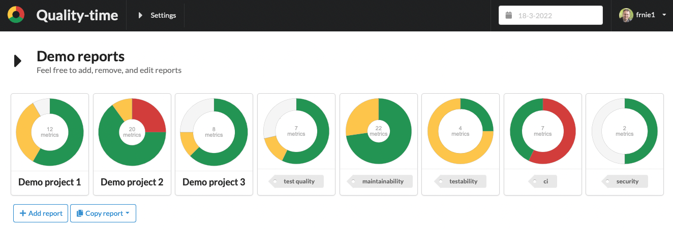 Screenshot of a Quality-time dashboard with three demo projects in the form of donut charts