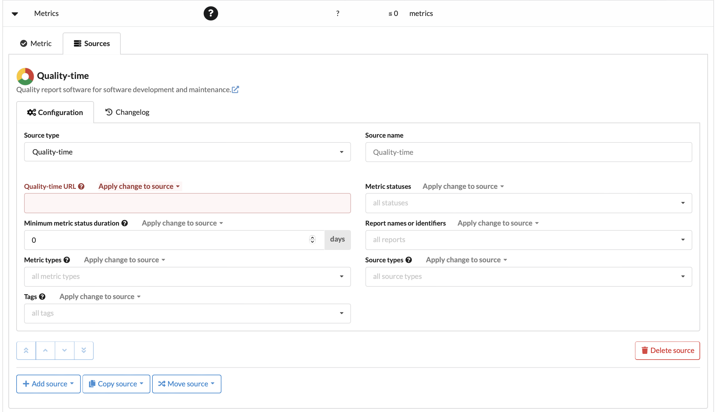Screenshot of dialog to edit *Quality-time* source showing fields for source type, source name, and source parameters such as URL, metric statuses, report names, and metric types