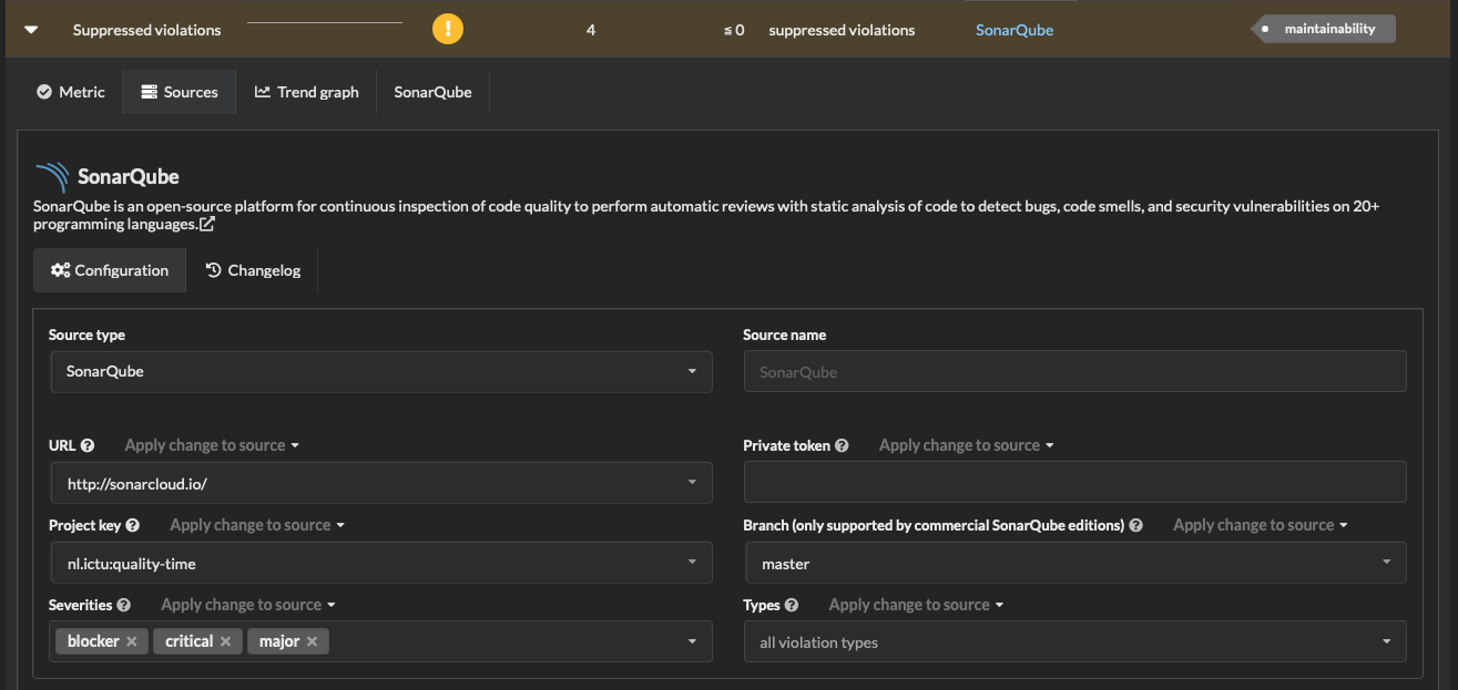 Screenshot of a metric source configuration form
