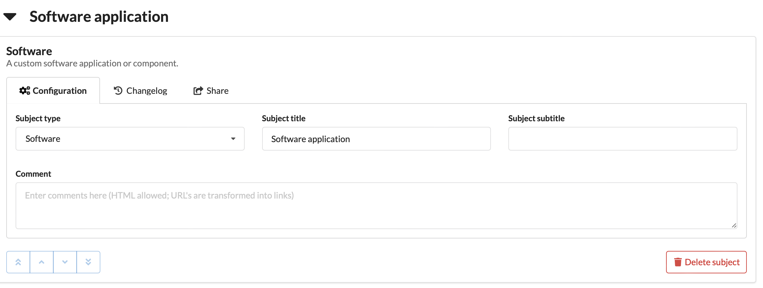 Screenshot of dialog to edit a subject showing fields for the subject type, subject title, subject subtitle and comments