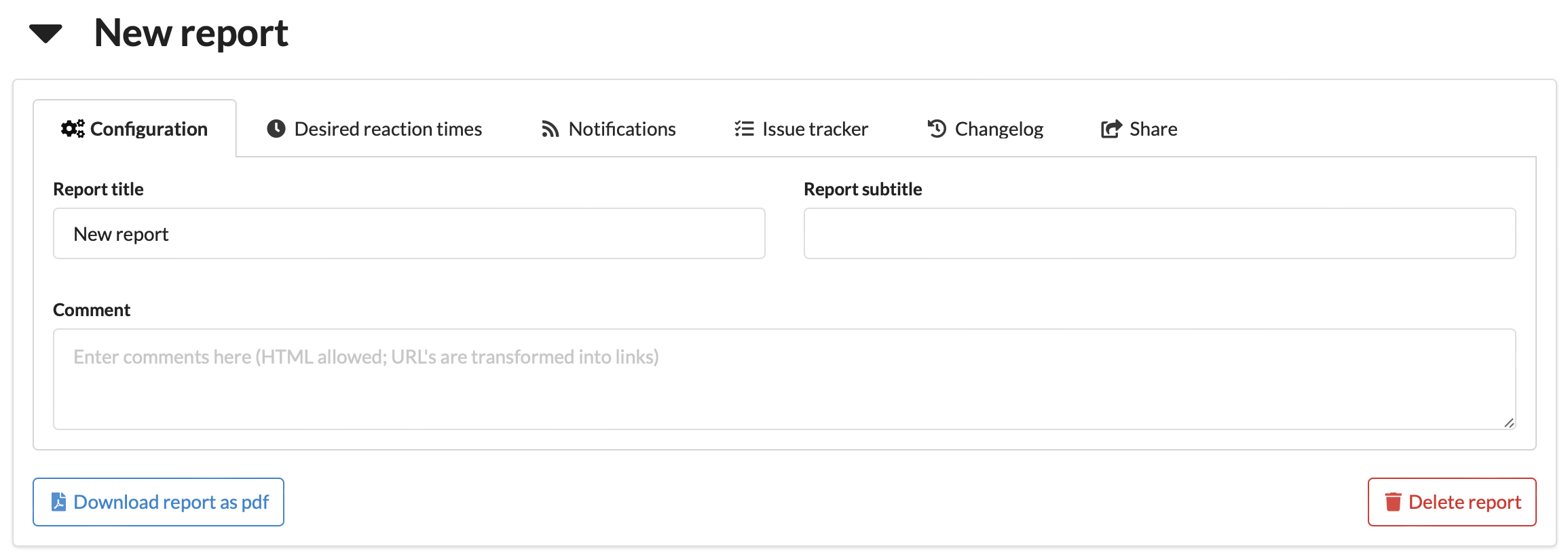 Screenshot of dialog to edit report title, subtitle, and comments