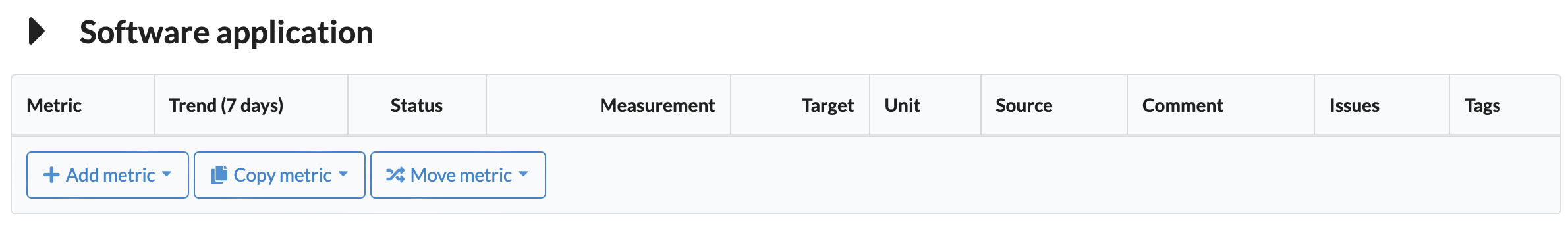 Screenshot of buttons to add, copy, and move metrics