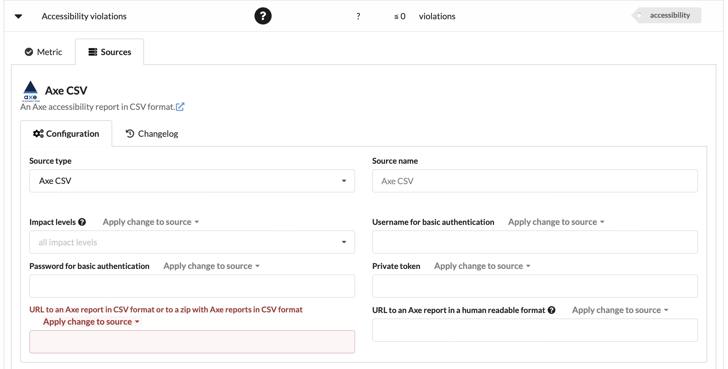 Screenshot of dialog to edit source showing fields for the source type, source name, and source parameters such as URL and credentials
