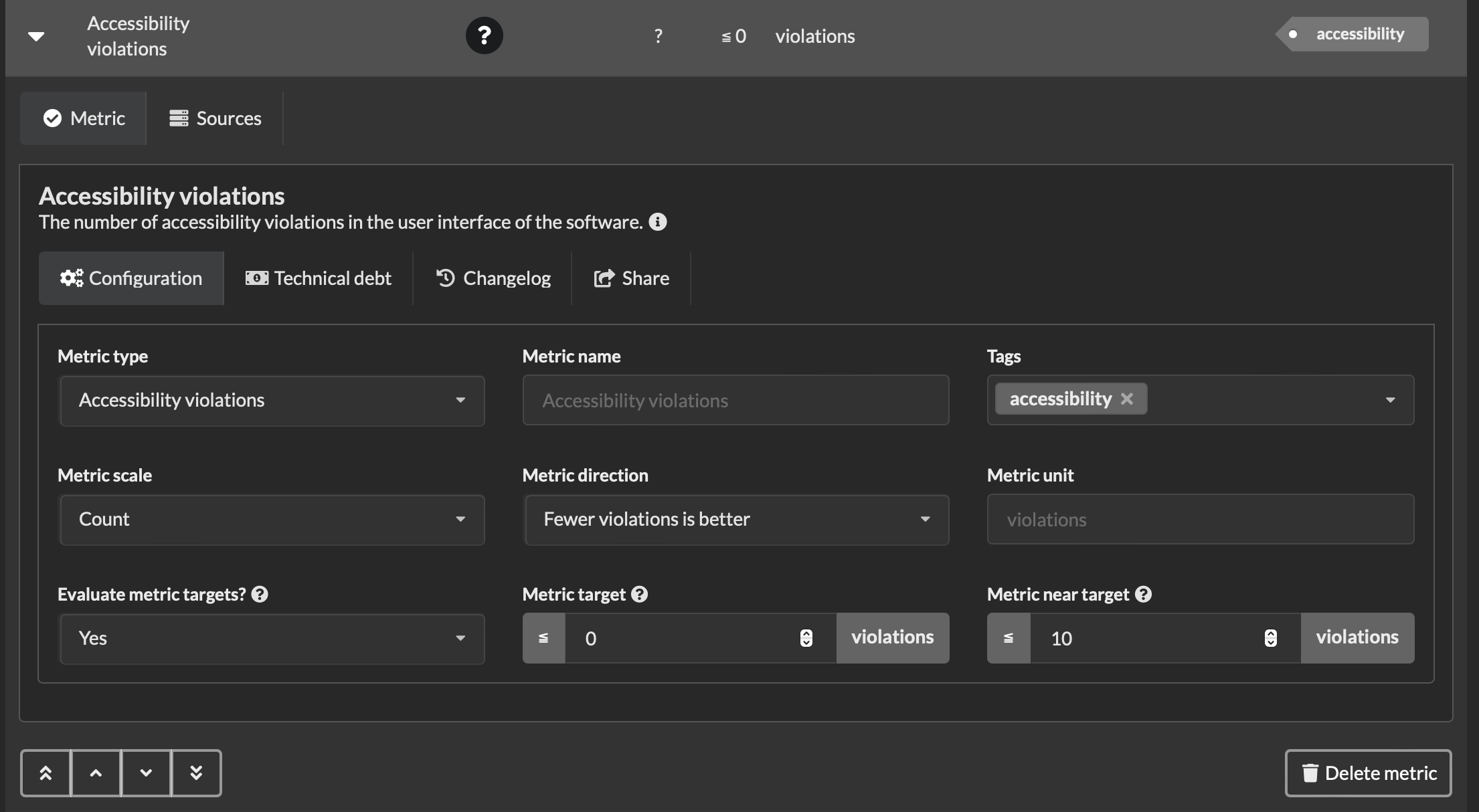 Screenshot of tab to edit metrics showing fields for metric type, metric name, tags, metric scale, metric direction, metric unit, and metric targets