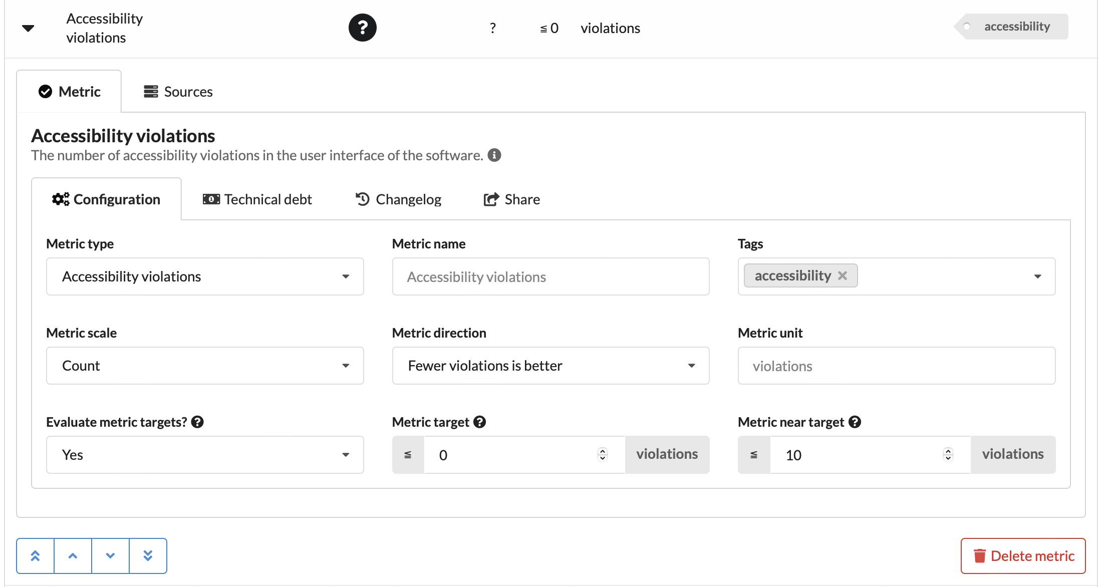 Screenshot of tab to edit metrics showing fields for metric type, metric name, tags, metric scale, metric direction, metric unit, and metric targets