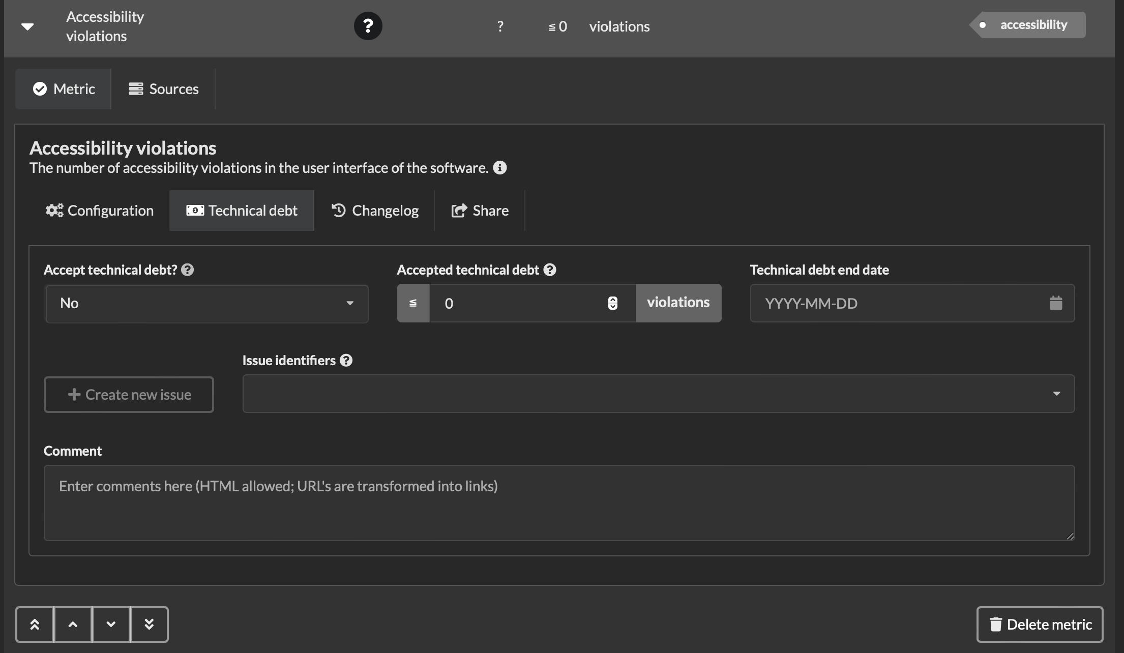 Screenshot of tab to manage technical debt showing fields for technical debt, issues, and comments