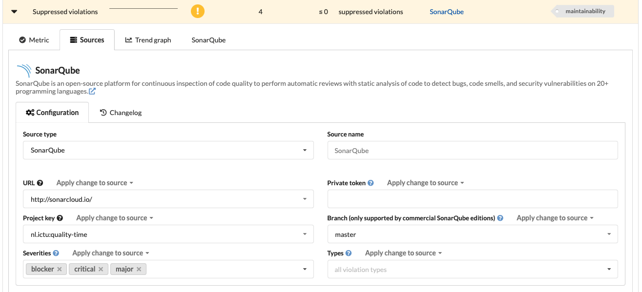 Screenshot of a metric source configuration form