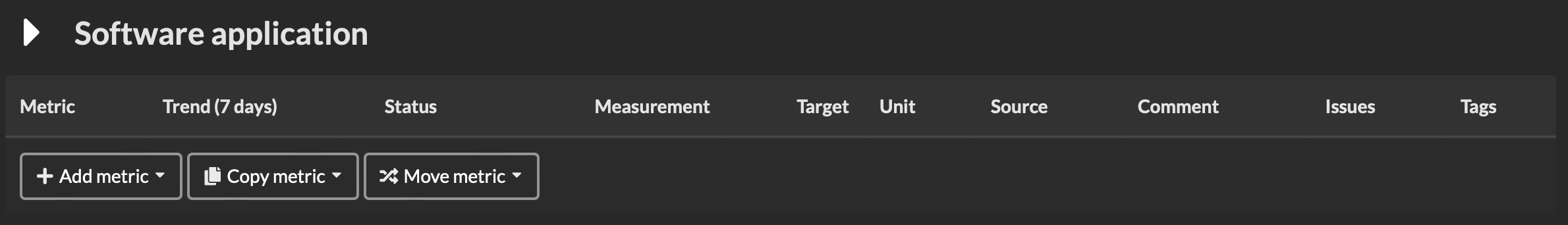 Screenshot of buttons to add, copy, and move metrics