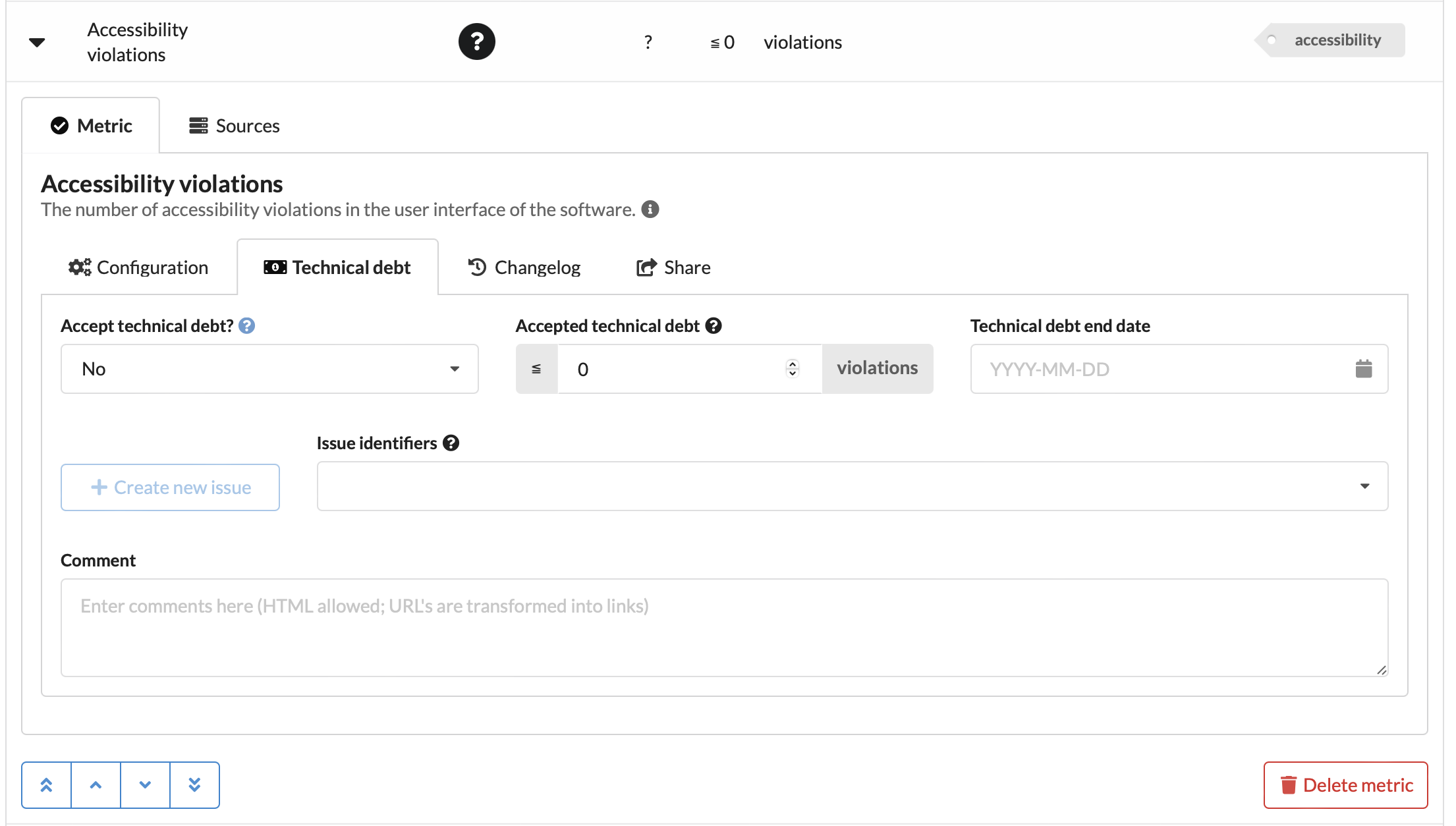 Screenshot of tab to manage technical debt showing fields for technical debt, issues, and comments