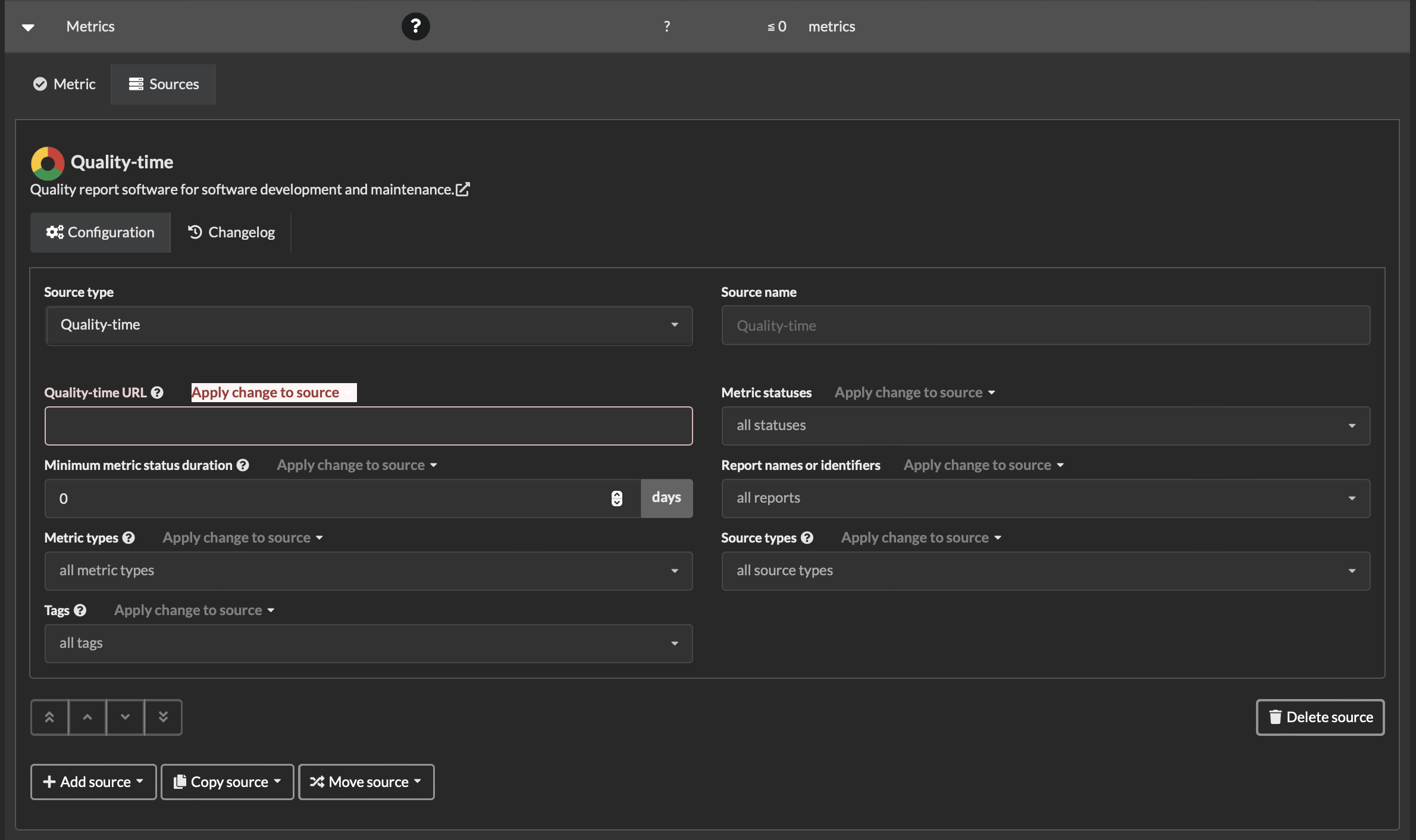 Screenshot of dialog to edit *Quality-time* source showing fields for source type, source name, and source parameters such as URL, metric statuses, report names, and metric types