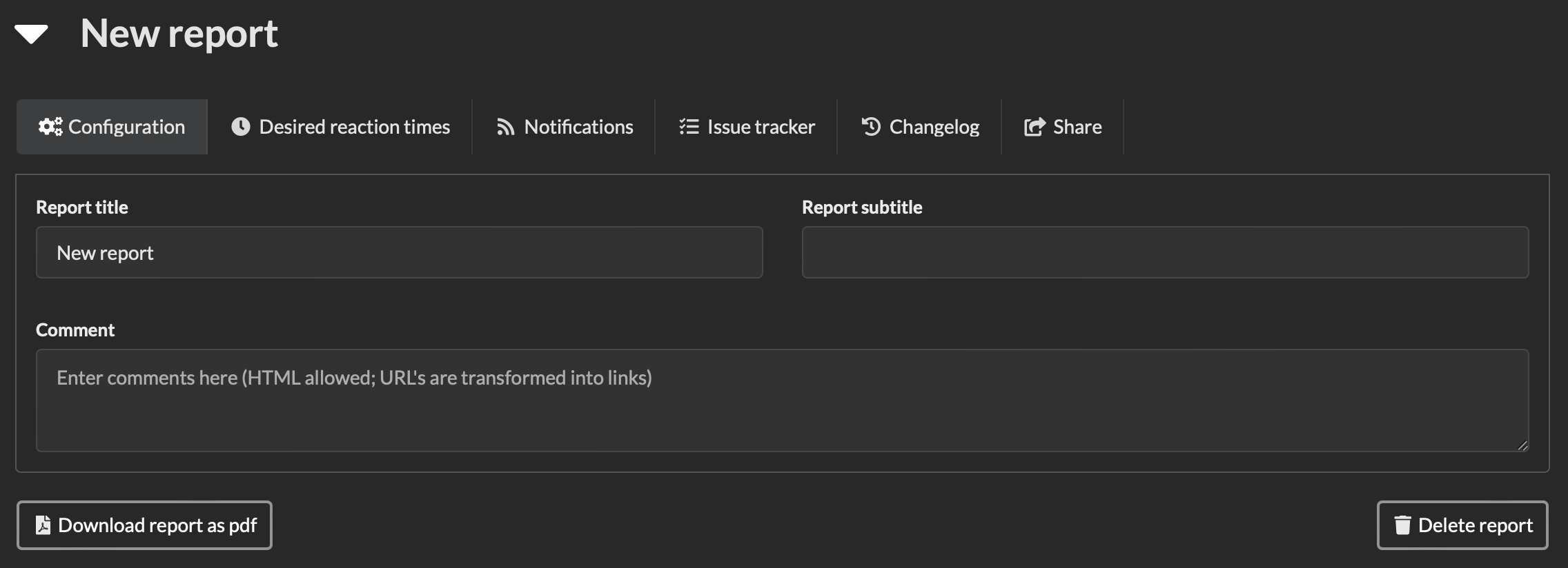 Screenshot of dialog to edit report title, subtitle, and comments