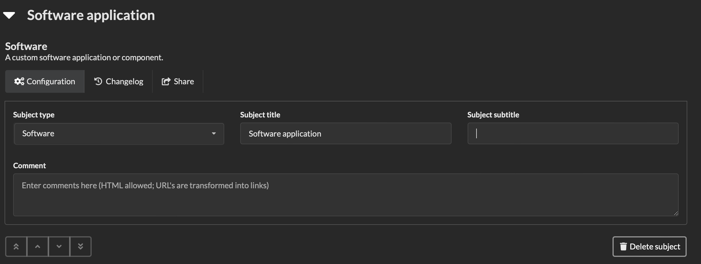 Screenshot of dialog to edit a subject showing fields for the subject type, subject title, subject subtitle and comments