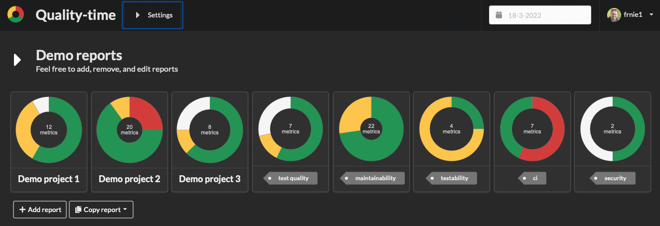 Screenshot of a Quality-time dashboard with three demo projects in the form of donut charts