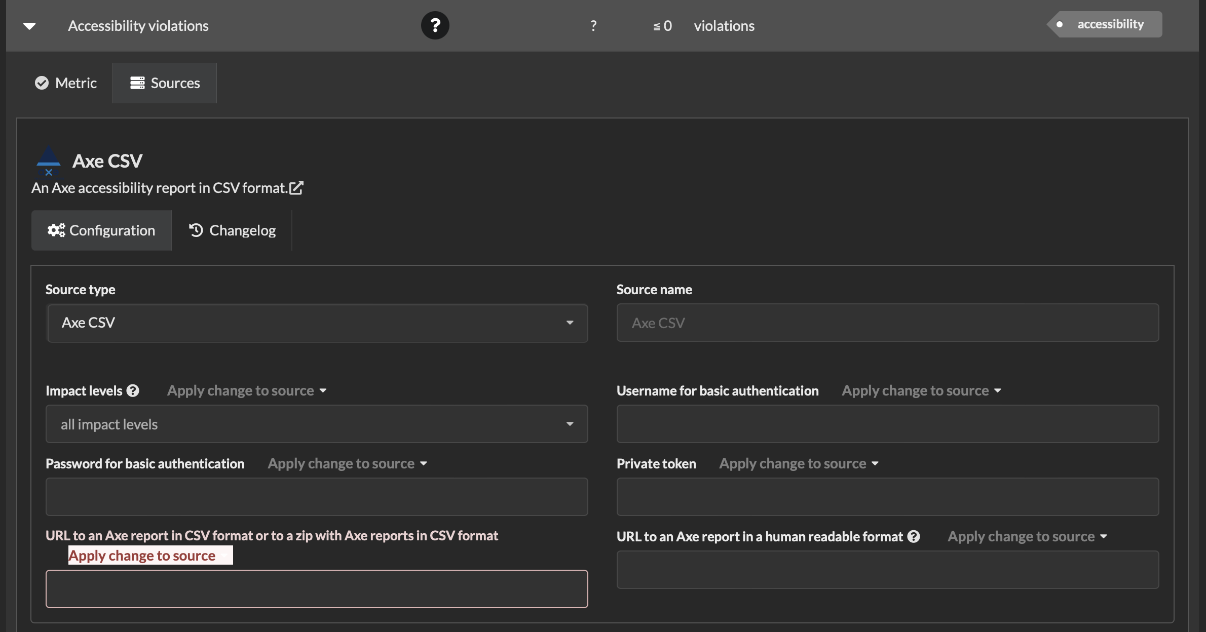Screenshot of dialog to edit source showing fields for the source type, source name, and source parameters such as URL and credentials
