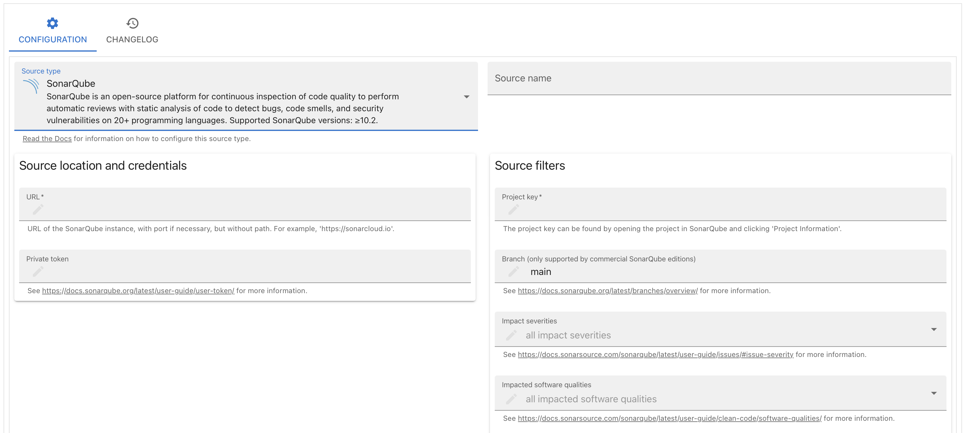 Screenshot of dialog to edit source showing fields for the source type, source name, and source parameters such as URL and credentials