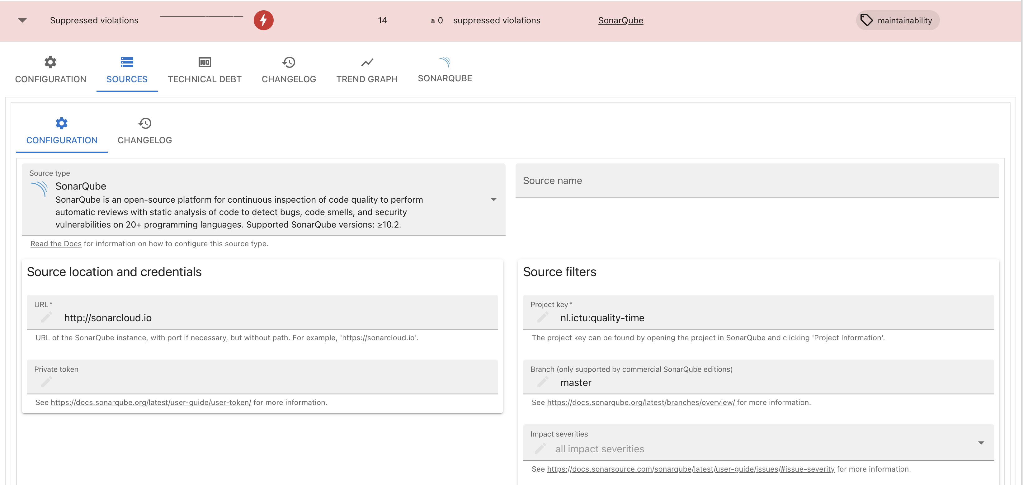 Screenshot of a metric source configuration form