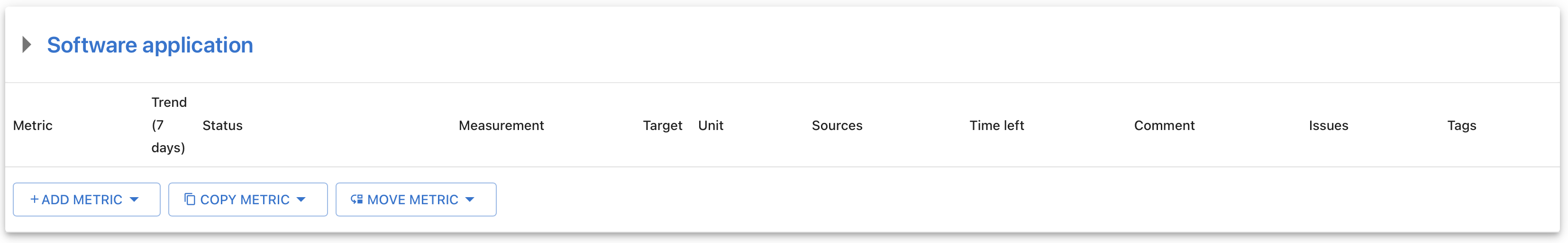 Screenshot of buttons to add, copy, and move metrics