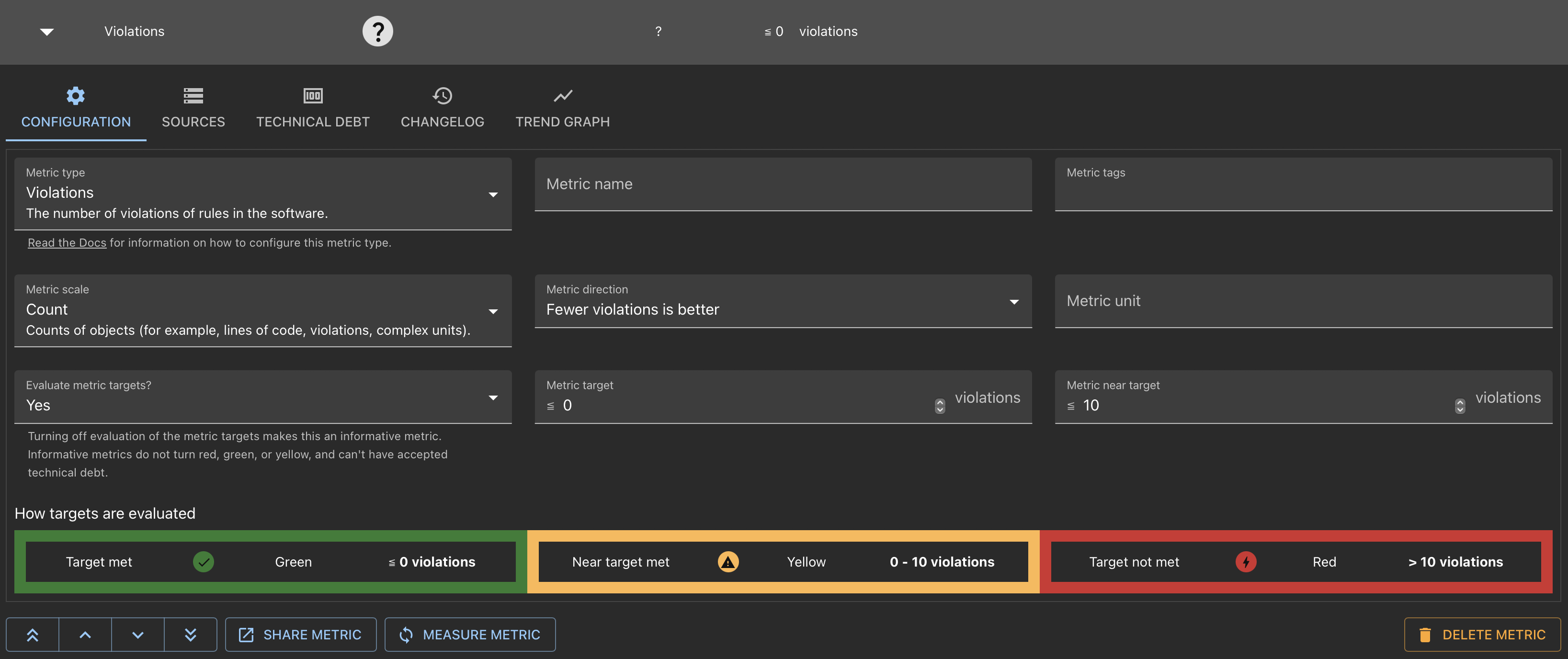 Screenshot of tab to edit metrics showing fields for metric type, metric name, tags, metric scale, metric direction, metric unit, and metric targets
