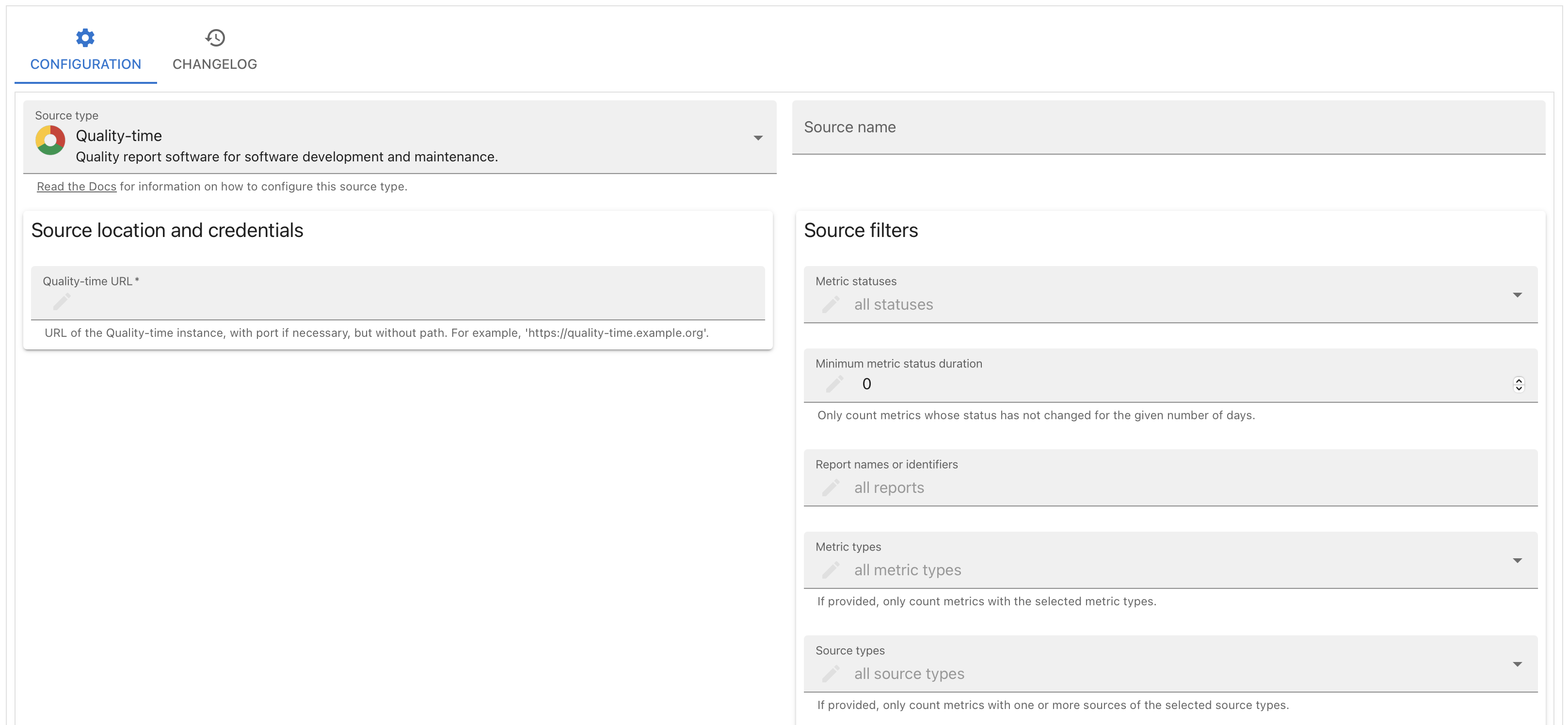 Screenshot of dialog to edit *Quality-time* source showing fields for source type, source name, and source parameters such as URL, metric statuses, report names, and metric types