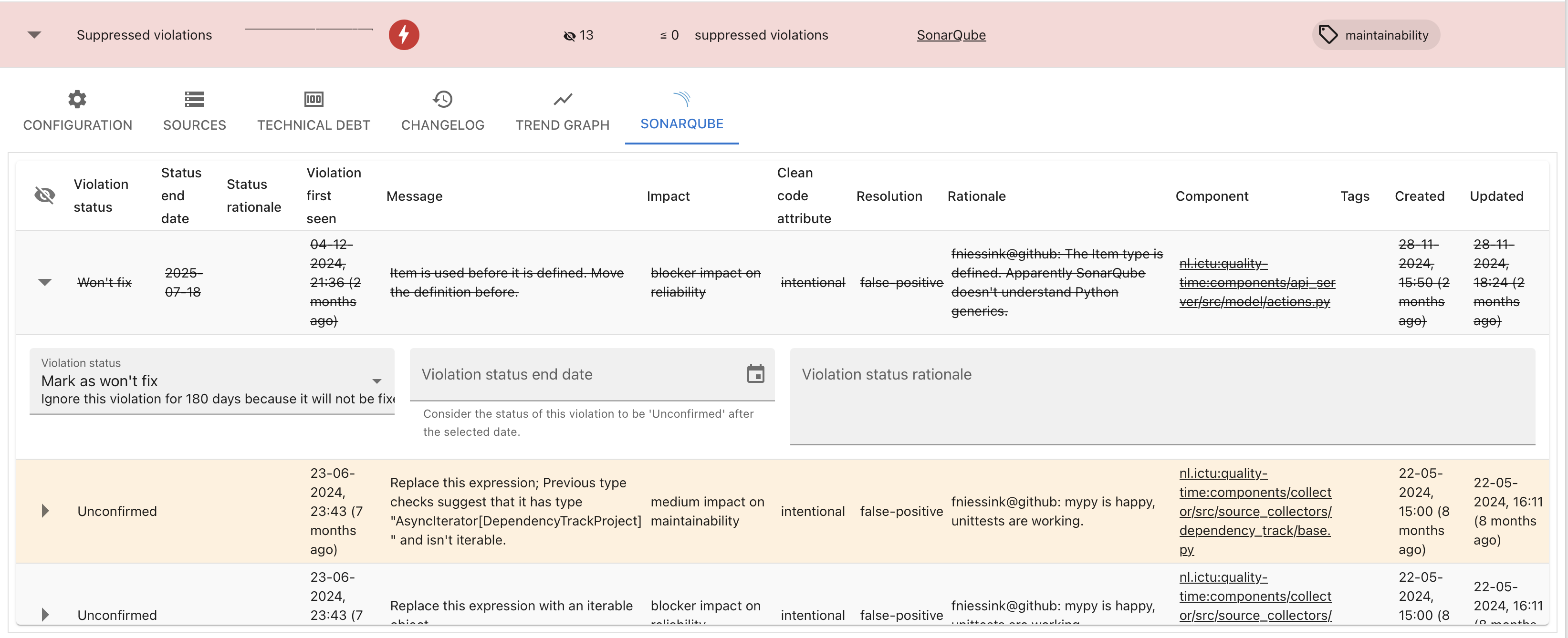 Screenshot of the entities of the metric, in this case suppressed violations