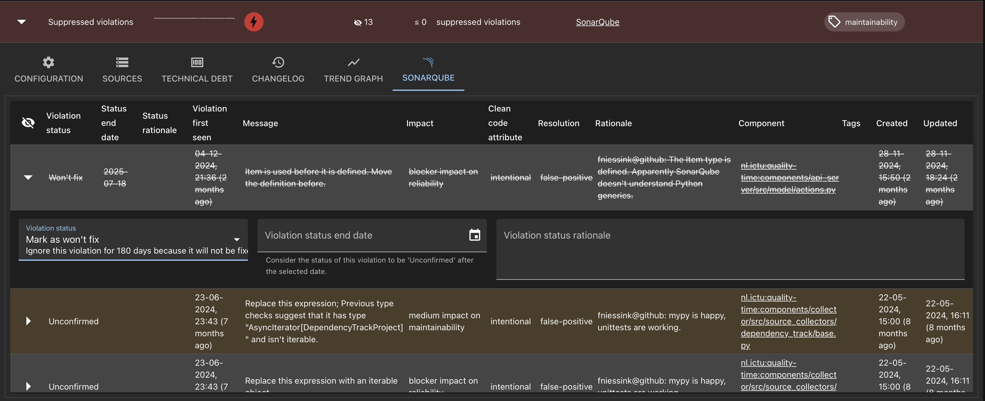 Screenshot of the entities of the metric, in this case suppressed violations