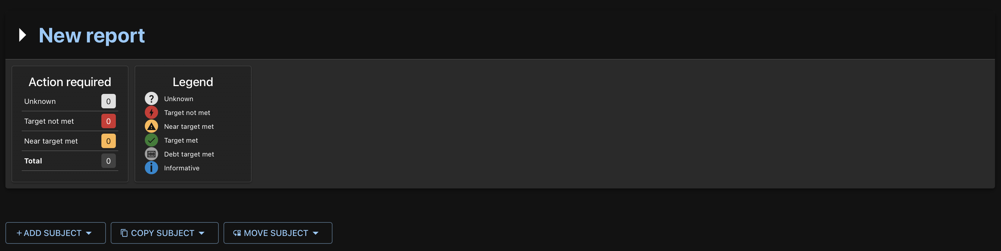 Screenshot of buttons to add subjects to a report