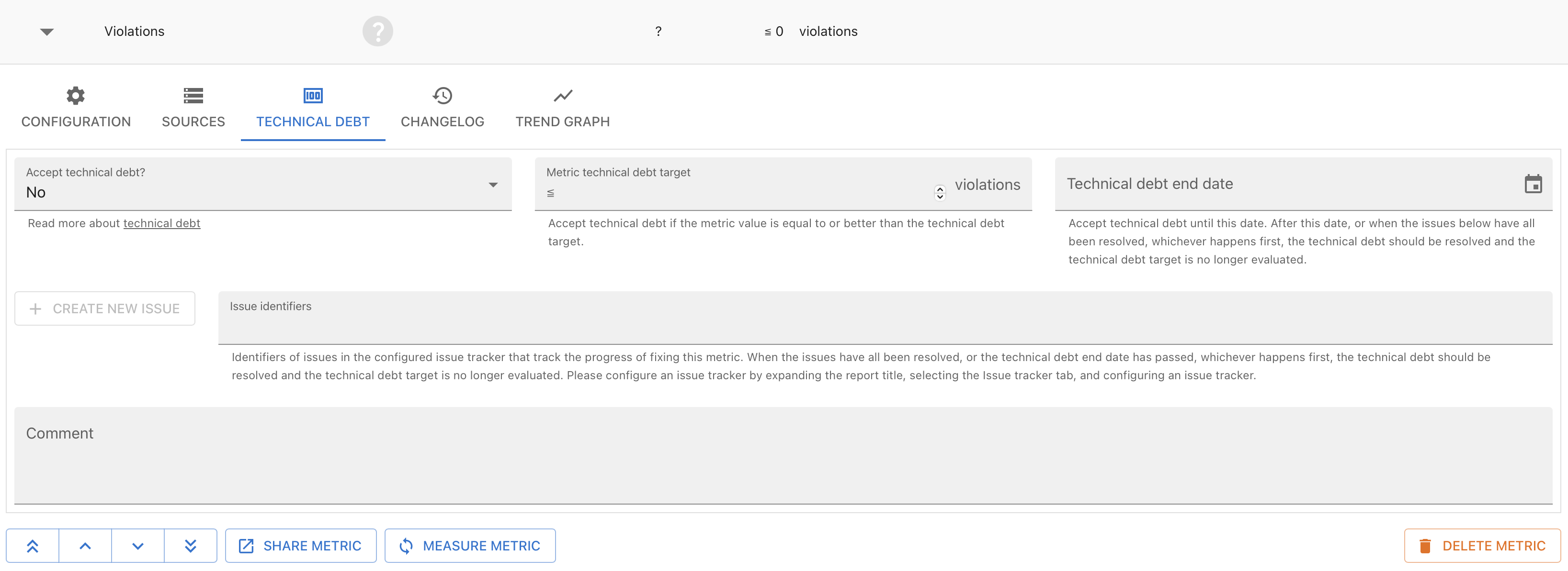 Screenshot of tab to manage technical debt showing fields for technical debt, issues, and comments