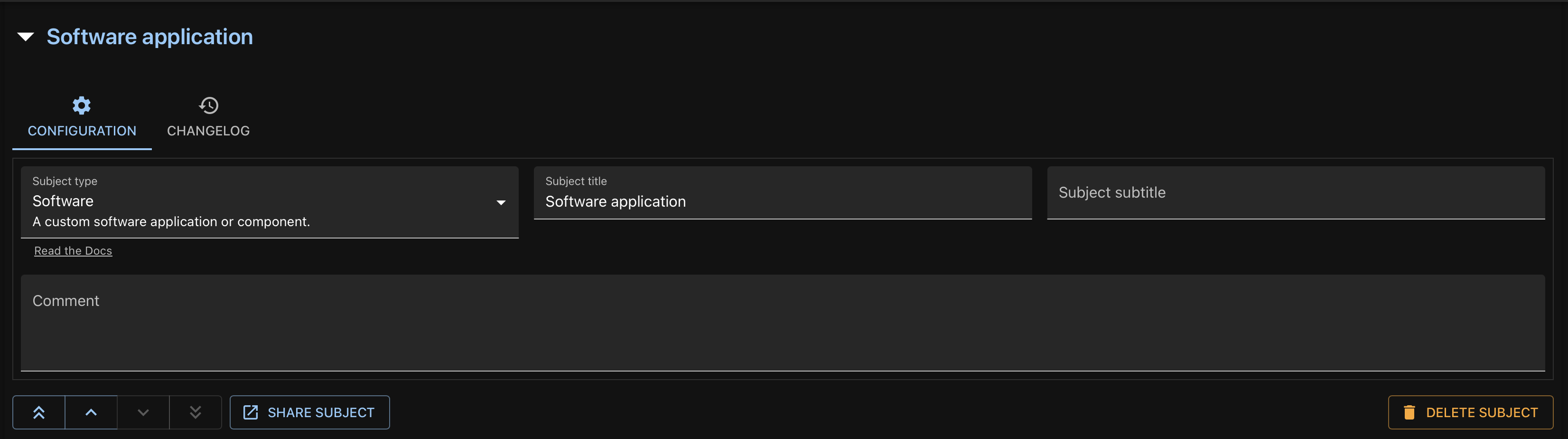 Screenshot of dialog to edit a subject showing fields for the subject type, subject title, subject subtitle and comments