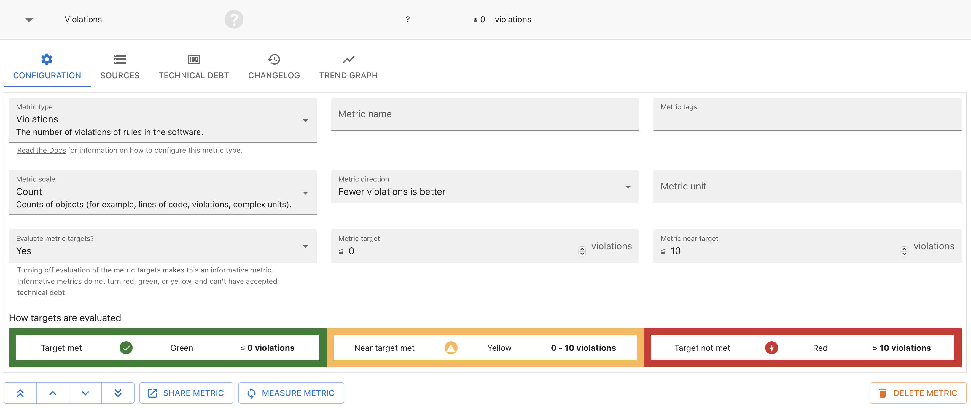 Screenshot of tab to edit metrics showing fields for metric type, metric name, tags, metric scale, metric direction, metric unit, and metric targets
