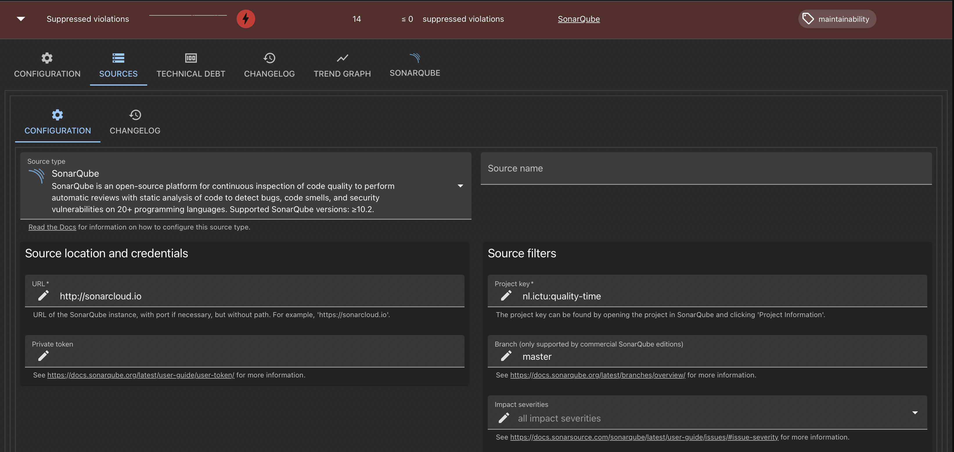 Screenshot of a metric source configuration form