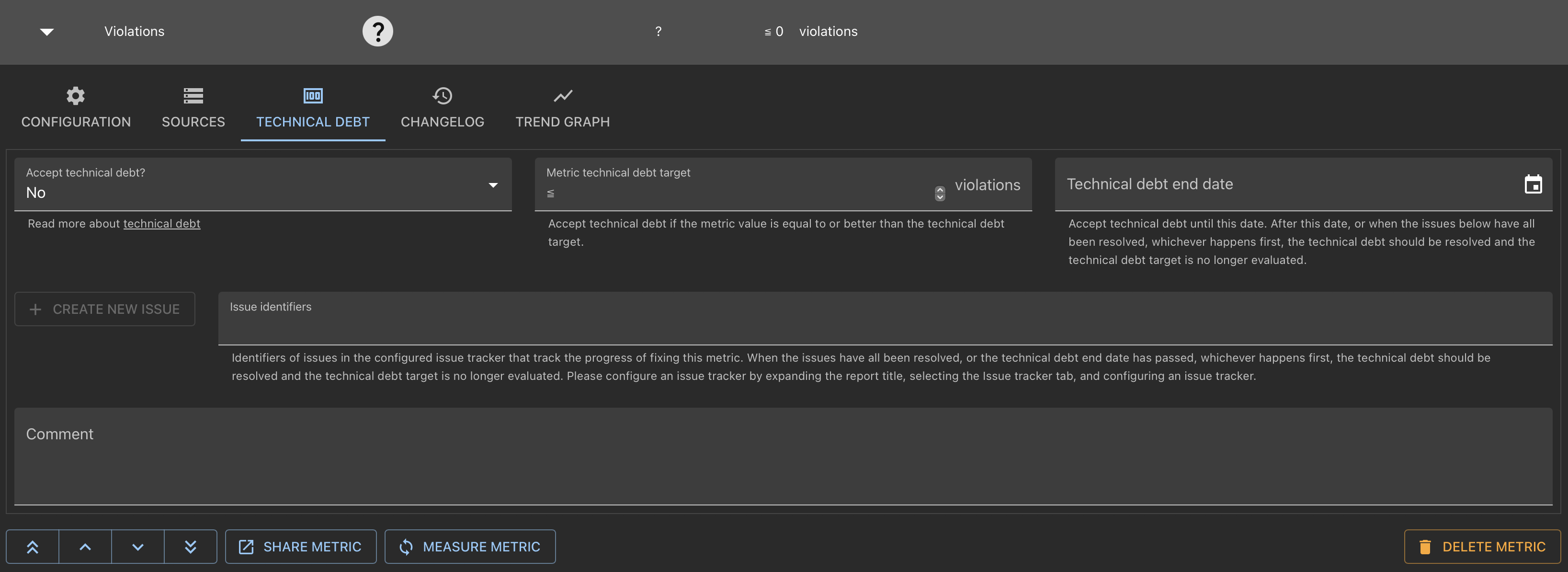 Screenshot of tab to manage technical debt showing fields for technical debt, issues, and comments