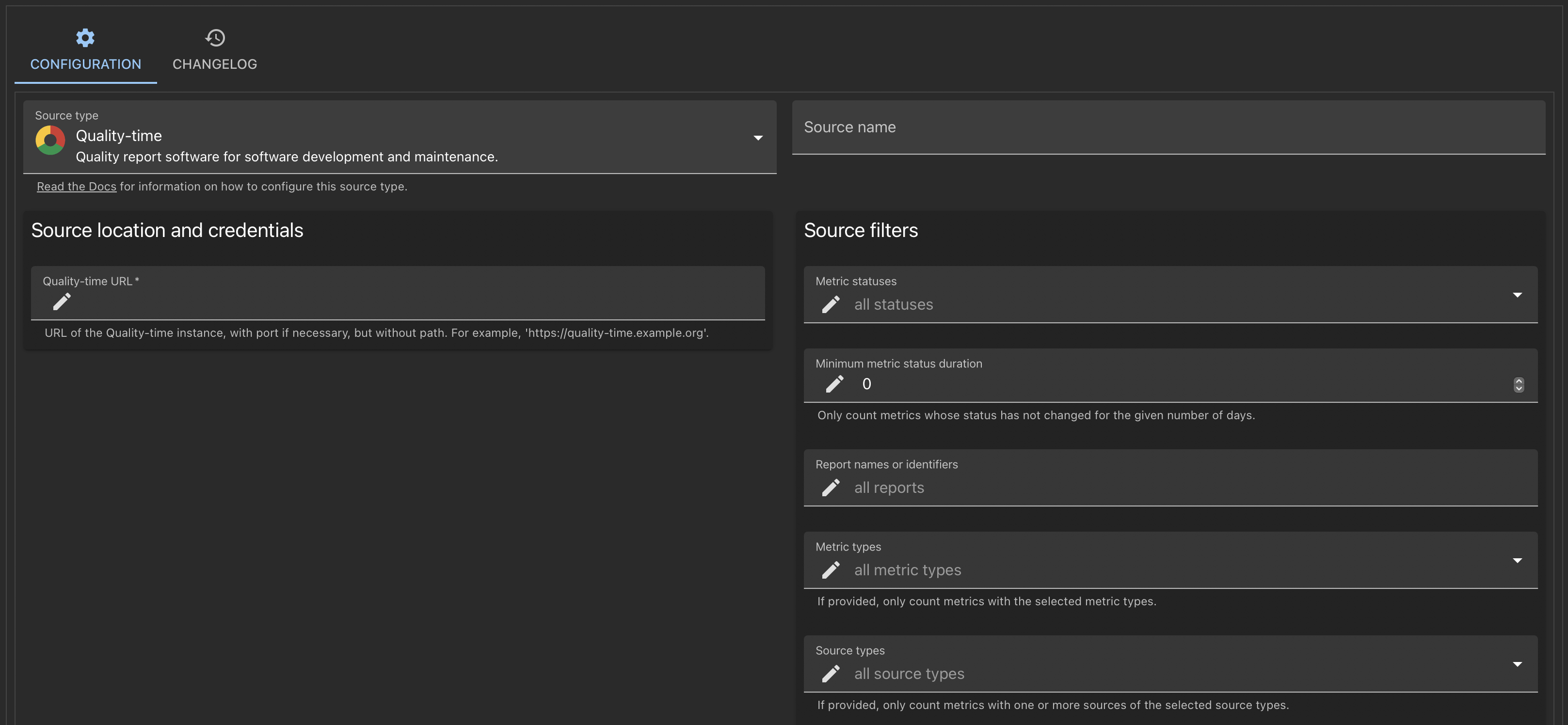 Screenshot of dialog to edit *Quality-time* source showing fields for source type, source name, and source parameters such as URL, metric statuses, report names, and metric types