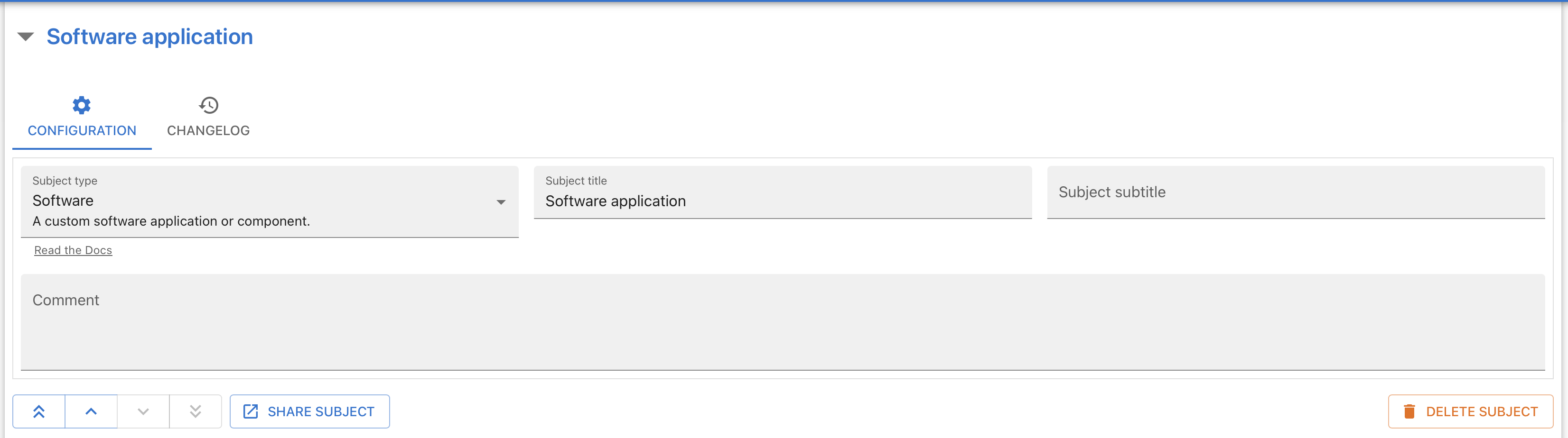 Screenshot of dialog to edit a subject showing fields for the subject type, subject title, subject subtitle and comments
