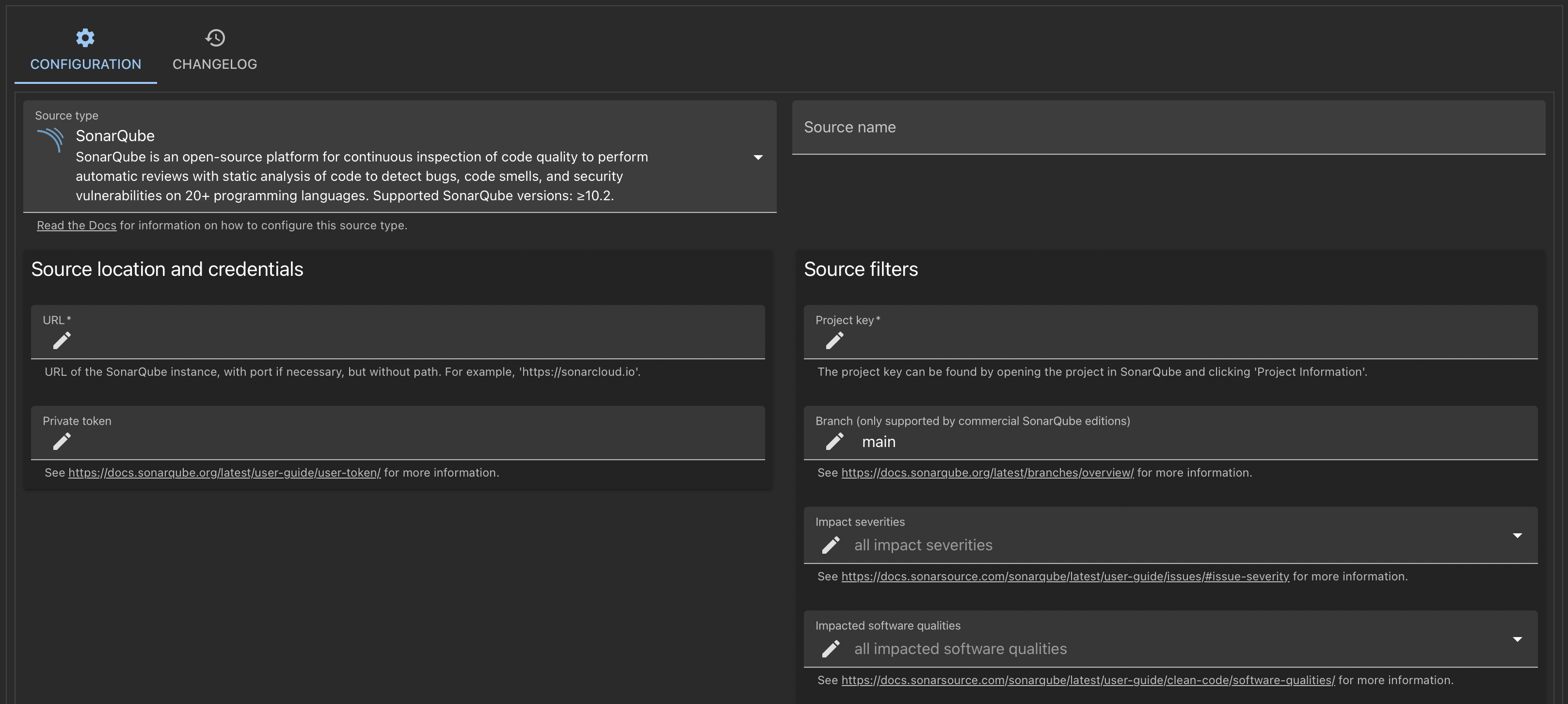 Screenshot of dialog to edit source showing fields for the source type, source name, and source parameters such as URL and credentials
