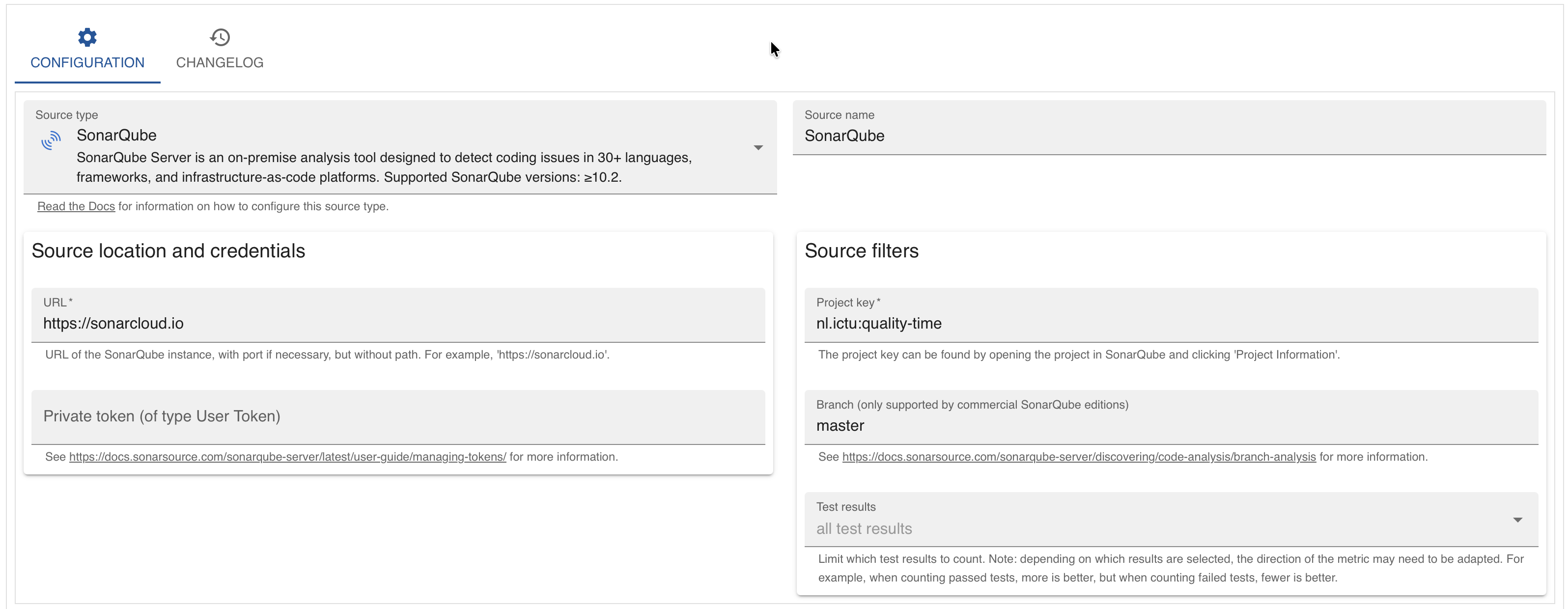 Screenshot of dialog to edit source showing fields for the source type, source name, and source parameters such as URL and credentials