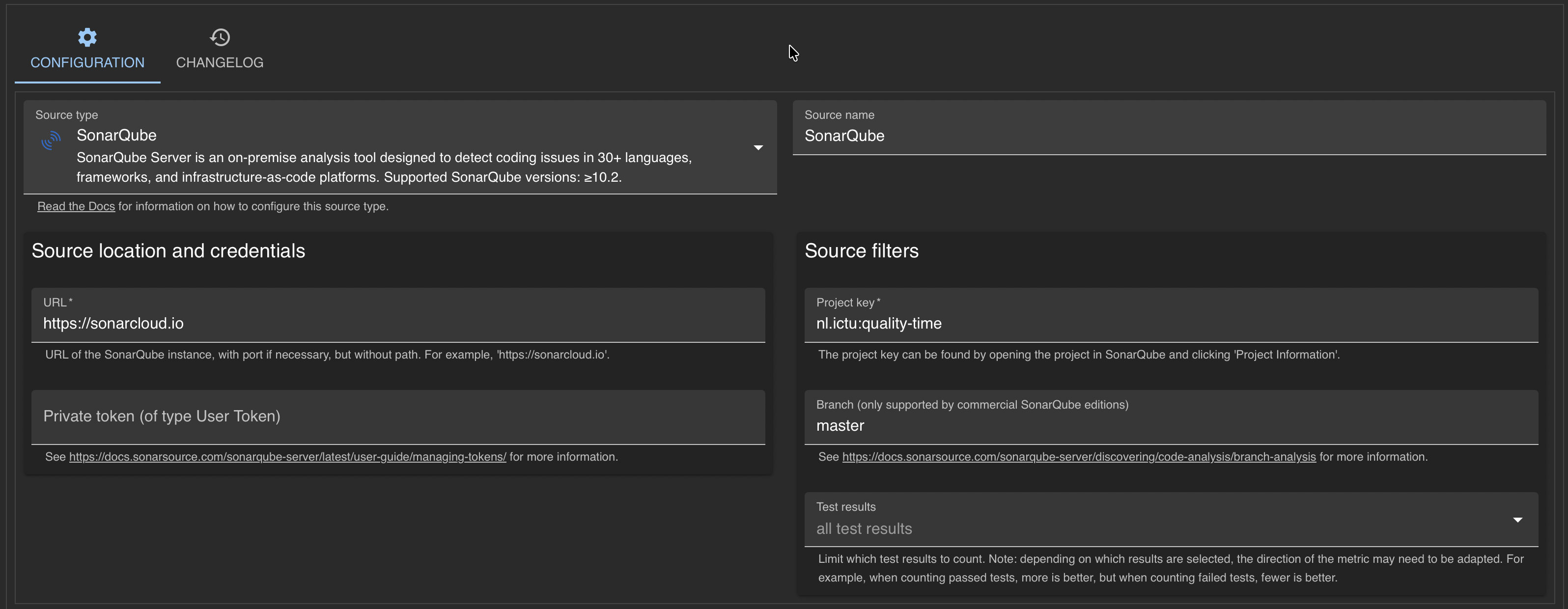 Screenshot of dialog to edit source showing fields for the source type, source name, and source parameters such as URL and credentials